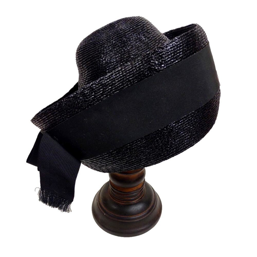Mr John Jr Vintage Straw Pillbox Hat Black w Bow Union Made Fancy Church Formal - Picture 3 of 10